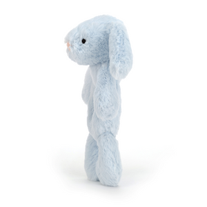 Sensory play with the Jellycat Bashful Blue Bunny Ring Rattle. Soft blue bunny rattle with inviting doughnut tummy that rattles for auditory stimulation.