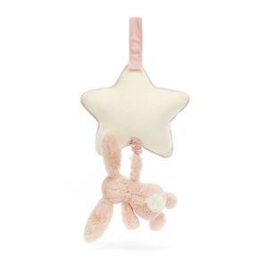 Jellycat Bashful Blush Bunny Musical Pull - Backside. Soft bunny bum with cute tail hangs from a cream star, ready to lull little ones to sleep.