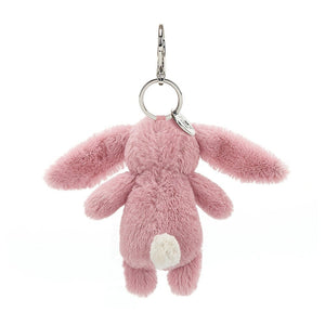 A rear view of Bashful Bunny Tulip Bag Charm showing its white fluffy tail.