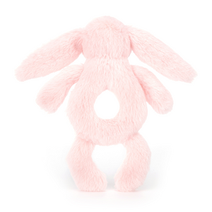 Jellycat Bashful Pink Bunny Ring Rattle backside. Soft pink bunny with a built-in rattle for shaking fun. Perfect for tiny hands. 