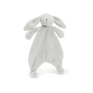 Jellycat Bashful Silver Bunny Comforter at an angle, showcasing its soft silver fur, long floppy ears, and easy-to-grasp, unstuffed body with bobble feet.