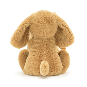 A soothing friend from all angles! The Jellycat Bashful Toffee Puppy Soother provides cuddles and comfort with its soft soother and adorable puppy design. (Back view)