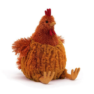 Sassy strut & mustard feet! Jellycat Cecile Chicken redefines farmyard chic with textured fluff, red wattle & tail feather flick. 