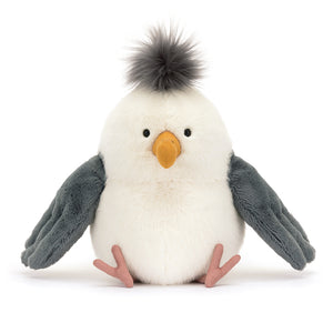 Adorable Jellycat Chip Seagull crafted from luxuriously soft plush in cream and grey with a charming mustard beak.
