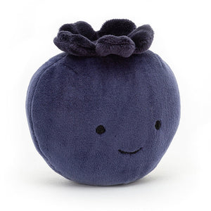 Berrylicious fun! The Jellycat Fabulous Fruit Blueberry boasts a bright smile, soft fur, and a playful topknot, perfect for fruity cuddles. (Front view)