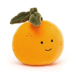 Sunshine in a hug! The Jellycat Fabulous Fruit Orange features a silly grin, a playful green leaf, and soft fur, perfect for citrusy cuddles. (Front view)