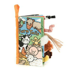 Front cover of Jellycat Farm Tails soft baby book featuring colourful farm animals and textured tails.