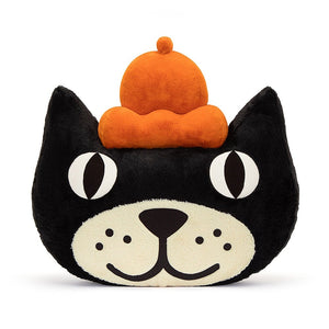 Jellycat Head in black and cream fur with an orange coloured crown with big eyes, pointed ears, nose and freckles.