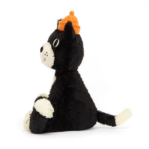 A side view of Jellycat Jack, showing his black and whites tail, soft paws and a side view of his face.