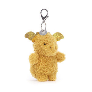 Adventure awaits! The Jellycat Little Dragon Bag Charm features curly saffron fur, shiny gold horns, and a secure clip for your bag or backpack.