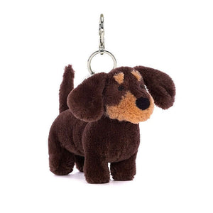 Jellycat bag charm in the shape of a Sausage Dog with keychain attachment.