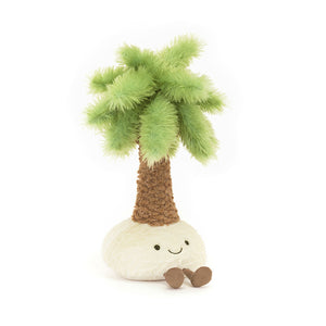 Front-facing view of Jellycat Amuseables Pammie Palm Tree soft toy with fluffy green leaves, brown textured trunk, cream base, and a smiling face.