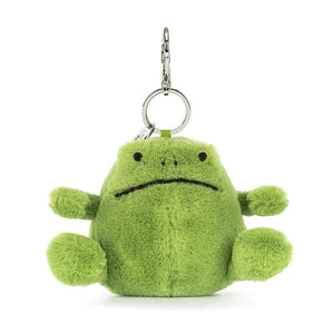 Straight On View:  Clip-on fun with Jellycat Ricky Rain Frog! This adorable bag charm boasts luxuriously soft fur, a sweet stitched smile, and a strong clasp to keep him by your side. 