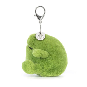 Side View: Take Jellycat Ricky Rain Frog wherever you go! This cute bag charm features a podgy tummy, super soft fur, and a secure clasp for your bag.