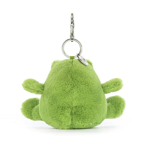 Back View: Ribbit! Jellycat Ricky Rain Frog is ready for a ride! This cuddly bag charm features a secure clasp, squeezable paws, and a vibrant leaf-green design.
