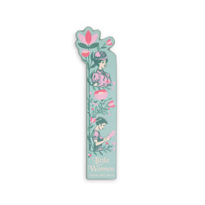 Front of Little Women leatherette bookmark with floral design and illustrations of Jo and Meg March.