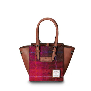 Red tartan Harris Tweed Mini Caillie Tote with structured sides, showcasing spacious interior.