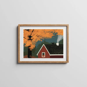 October Landscape Art Print – autumn cabin with orange tree, chimney smoke, and black cat illustration in giclée style.