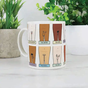 Penis Mug showing detailed cartoon illustrations of various penis styles and names, set against a white background with plants.