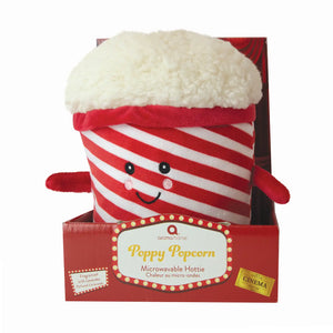Poppy Popcorn Microwavable Hottie in gift box – cute plush popcorn tub with lavender scent.