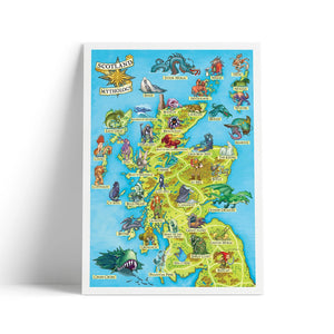 Scottish Mythology Map Art Print showing legendary creatures across Scotland in vibrant illustrated style.