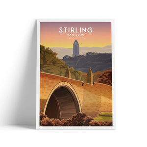 Art print of Stirling, Scotland, featuring the historic Stirling Bridge in the foreground and the Wallace Monument in the distance at sunset.