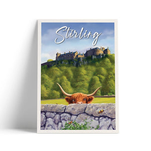 Whimsical art print of Stirling Castle with a Highland cow peeking over a stone wall and “Stirling” text at the top.