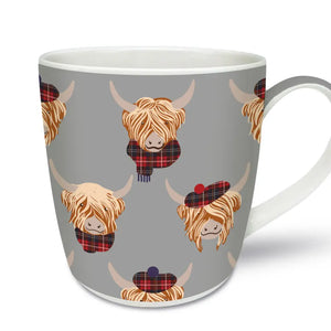 Tartan Highland Cow Mug – New Bone China mug featuring a charming Highland cow pattern with tartan scarves and berets on a grey background.
