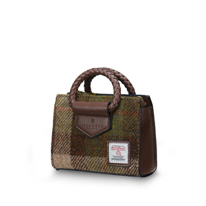 Angled:  The Mini Arran Tote with Chestnut Tartan Harris Tweed® with a brown PU leather & braided handle.
