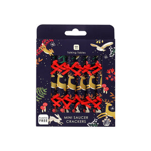 Plastic-free festive mini crackers with woodland design in navy blue packaging, tied with red ribbon – 8-pack box front view.