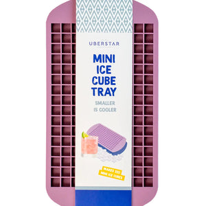 Front view of Uberstar mini ice cube tray in pink silicone packaging – makes 320 mini ice cubes for cocktails and iced drinks.