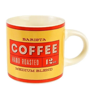 Ceramic coffee mug with retro yellow and red “Barista Coffee – Hand Roasted – 12oz” branding on side.