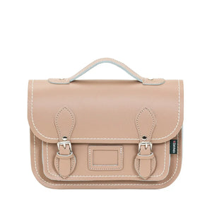 Beige coloured leather satchel with a top handle and buckle closers.