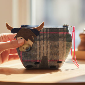 Drem tweed cow purse in grey herringbone with pink trim