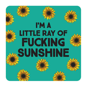 Ray of Sunshine coaster with bold yellow sun design on a square 95mm surface.