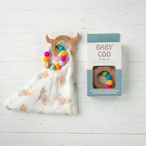 Hairy Baby Coo Highland Cow shaped teething ring with dribble bib gift set.