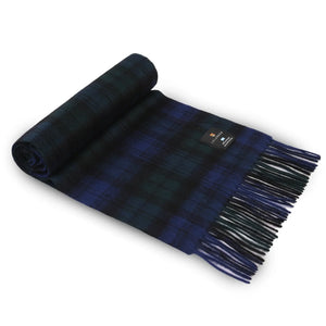 Image of the Islander Black Watch Tartan Lambswool Scarf with one end rolled up.