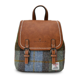 Harris Tweed backpack made from brown PU leather and a brown chestnut and blue tartan Harris Tweed fabric.