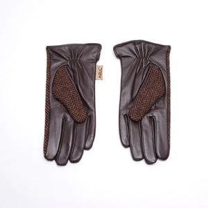 Rear of the Islander Coffee Herringbone Harris Tweed Ladies Gloves showing the PU leather and contrasting fabric body.