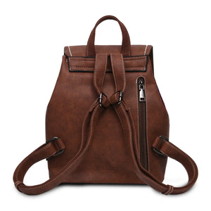 The rear of the Islander backpack showing the dark brown synthetic leather, adjustable shoulder straps and the back pocket that is found on the medium.