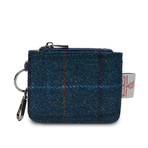 Harris Tweed Card Wallet with a navy check tartan pattern and a keychain. 