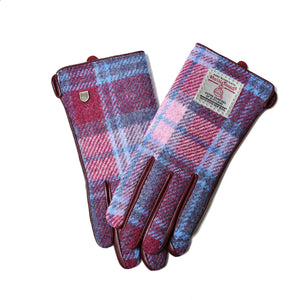 Ladies Harris Tweed Gloves in a pink and blue tartan pattern.