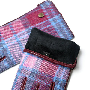 An image showing a pair of Pink & Blue Tartan Harris Tweed Gloves with the inside turned out to show the wool lining.