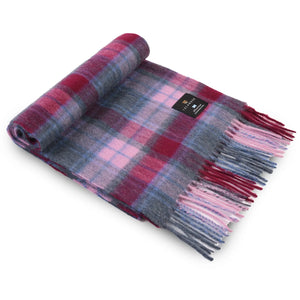 Pink & Blue tartan Lambswool Scarf with one end rolled up.