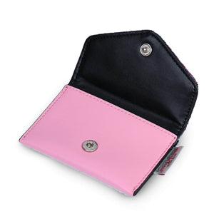 Open Islander Harris Tweed Card Holder showing the pink leather body with stud fastener.