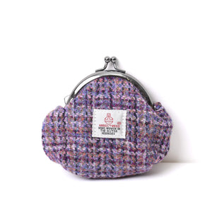 Purple and violet mini dogtooth designed Harris Tweed coin purse with metal clip passenger. 