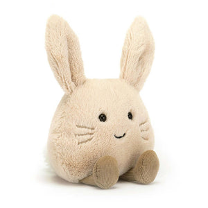 Jellycat Amuseabean Bunny plush toy in biscuit fur with petal ears, stitchy whiskers, and caramel paws, sitting on a white background.