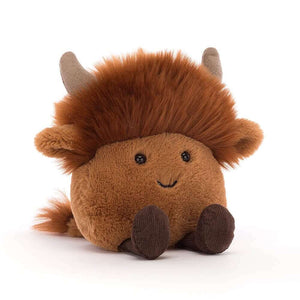 Jellycat Amuseabean Highland Cow children’s plush soft toy covered in soft brown and ginger fur.