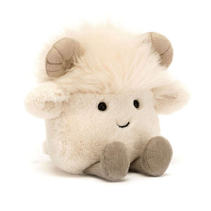 Image of a fluffy stuffed animal. The Jellycat Amuseabean Ram, with creamy-soft fur, curly stitch horns, and cocoa-coloured boots. The ram has a friendly expression, a sunny smile, petal-shaped ears, and a tiny tail. The stuffed animal is seated and appears to be waiting for a loving hug.
