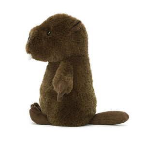 Side image of Jellycat Nippit Beaver showing his little tail that sticks out behind. 